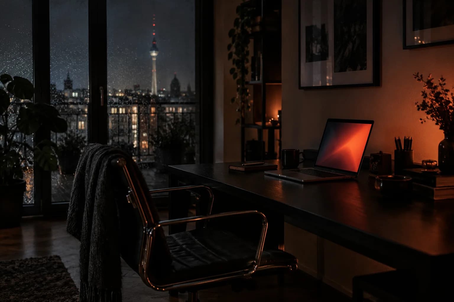 Dunkler Arbeitsplatz mit Laptop vor einem verregneten Berliner Fenster