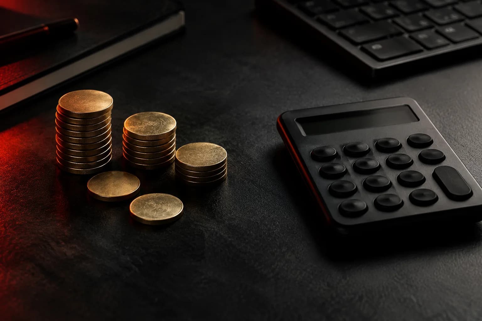Dunkler Tisch mit neutralen Tokens und einem Taschenrechner